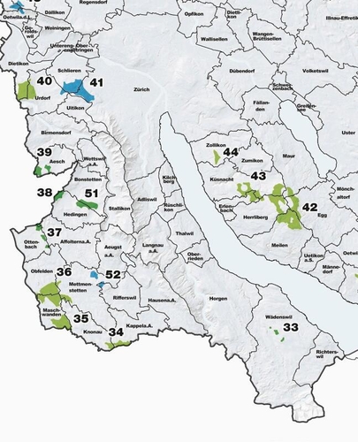 Juni 2024: Eignungsgebiete für Windenergieanlagen: Dunkelgrün bedeutet «gesetzt», hellgrün bedeutet «nicht definitiv». (Grafik Kanton Zürich)