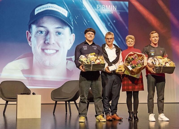 Sportler des Jahres 2024: Pirmin Werner (grosses Bild im Hintergrund), der durch seine Eltern vertreten wurde (Mitte), und die mitnominierten Laurin Furrer (links) und Nils Leutert (rechts).