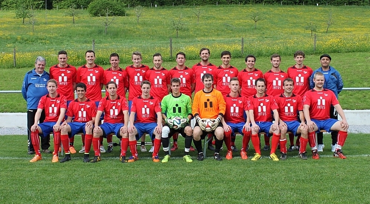 DIe Spieler des FC Hausen dürfen sich auf einen Karriere-Höhepunkt freuen. Hinten von links: Toni Schneitter (Coach), Dominik Stähly, Simon Werffeli, Ralph Huster, Michi Wüest, Kevin Reichmuth, Flavio Ridoli, Andreas Bitzi, Felix Stricker, Domini