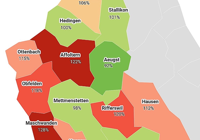 Die an den Gemeindeversammlungen beschlossenen Gesamtsteuerfüsse in den Säuliämtler Gemeinden für 2026. (Grafik Dominik Stierli/Datawrapper)