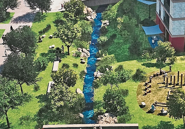 In Hedingen soll entlang des Dorfbachs zwischen Kratzstrasse und Bahnhofplatz ein Dorfplatz entstehen. (Bild zvg)