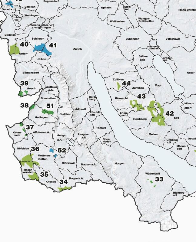 Juni 2024: Eignungsgebiete für Windenergieanlagen: Dunkelgrün bedeutet «gesetzt», hellgrün bedeutet «nicht definitiv». (Grafik Kanton Zürich)