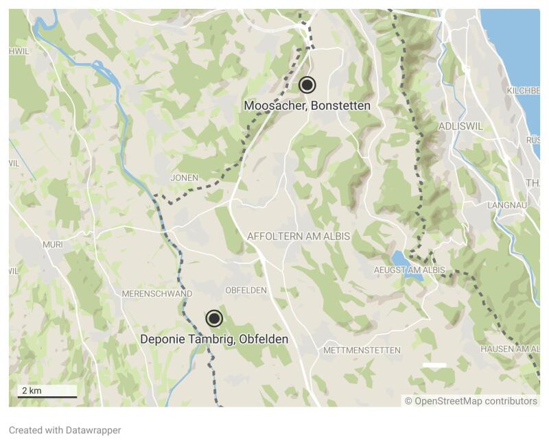 Die beiden Deponiestandorte. (Grafik Dominik Stierli/Datawrapper. Karte: OpenStreetMap)